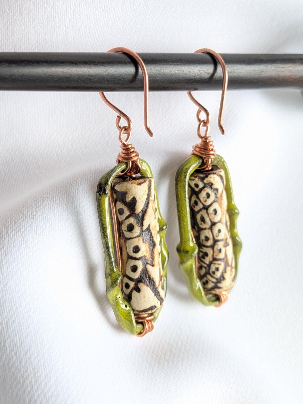Earthy Woodland Floral Earrings with Enameled Copper Hoops - Picture 6 of 10